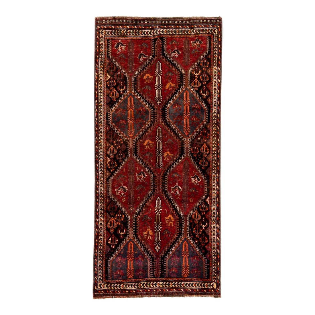Antique Persian Shiraz Handmade Wool Tribal Red Rug 4'1" x 9'2": Antique Persian Shiraz Handmade Wool Tribal Red Rug 4'1" x 9'2" Discover the exquisite craftsmanship of this Vintage Shiraz Handmade Wool Rug, featuring a striking all-over red field adorned with mult