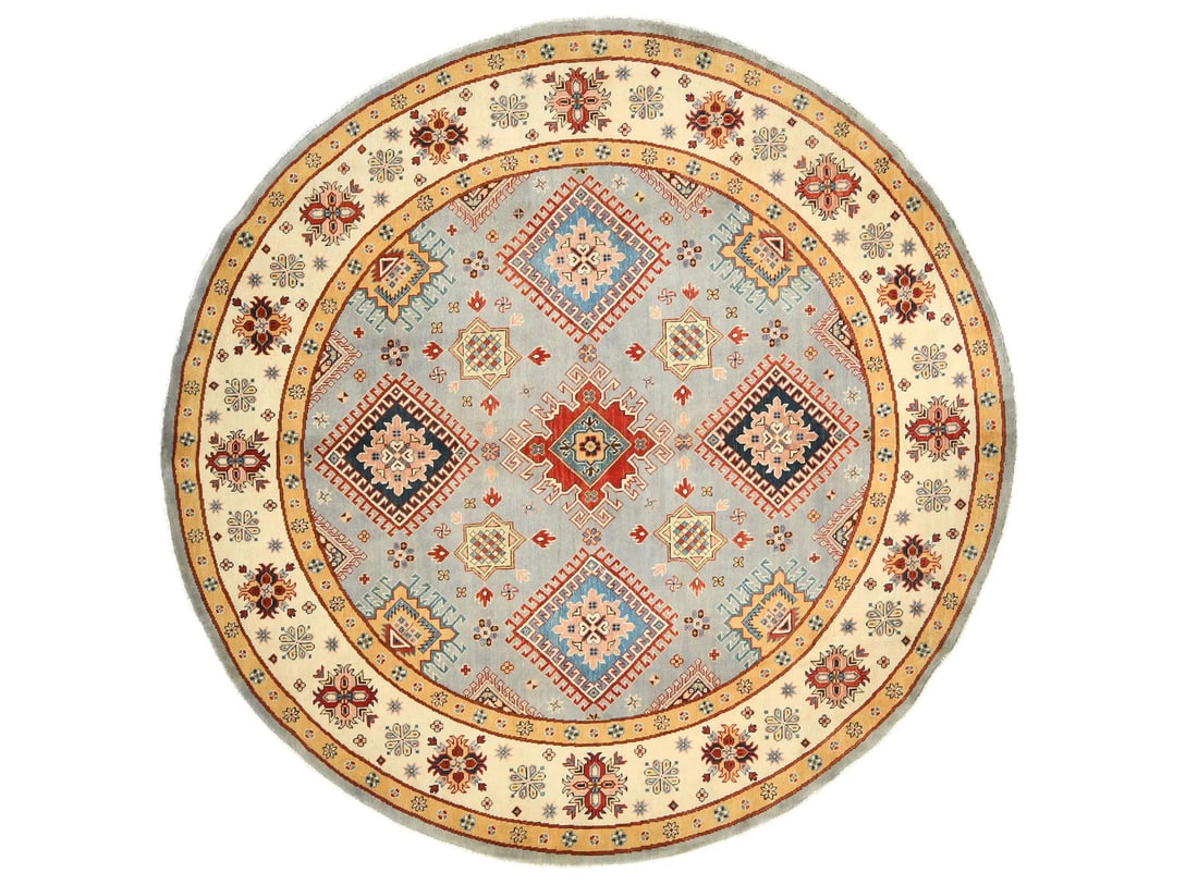Handmade Kazak Round Wool Rug 8'0 x 8'1 Geometric Vintage Tribal Style: Handmade Kazak Round Wool Rug 8'0 x 8'1 Geometric Vintage Tribal Style Enhance your living space with this stunning Handmade Kazak Round Rug, measuring 8 feet in diameter. Crafted from high-quality wo