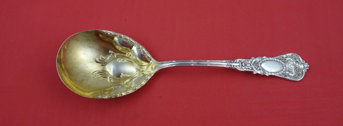 Durgin Empire Sterling Silver Berry Spoon Gold Wash 8.5": Durgin Empire Sterling Silver Berry Spoon Gold Wash 8.5" Presenting a stunning Empire pattern berry spoon by Durgin, crafted from high-quality sterling silver. This elegant serving spoon features a be