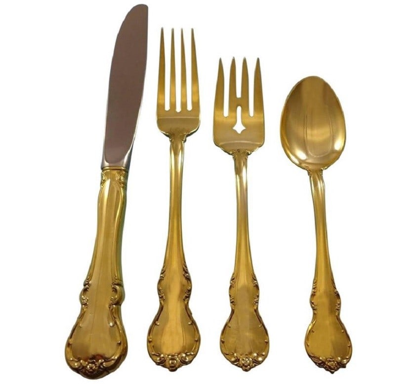 Towle French Provincial Gold Vermeil Sterling Silver Flatware Set 48 Pieces Service for 12: Towle French Provincial Gold Vermeil Sterling Silver Flatware Set 48 Pieces Service for 12 Elevate your dining experience with this exquisite French Provincial Gold flatware set by Towle. Crafted from