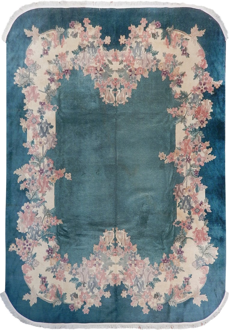 Hand-Knotted 9 x 11.8 Art Deco Rug Pine Green Ivory Wool China: Hand-Knotted 9 x 11.8 Art Deco Rug Pine Green Ivory Wool China Free continental US Shipping Introducing the exquisite 9 x 11.8 Pine Green Semi Antique Chinese Art Deco Rug, a true masterpiece of craft