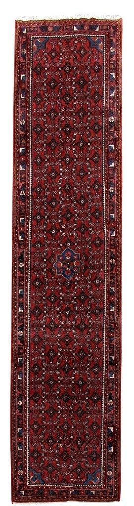 Handcrafted 3.8 x 13.11 Persian Hamadan Runner Rug in Rouge Red: Handcrafted 3.8 x 13.11 Persian Hamadan Runner Rug in Rouge Red Free continental US Shipping Enhance your living space with this exquisite 3.8 x 13.11 Persian Hamadan Runner Rug, handcrafted by skille