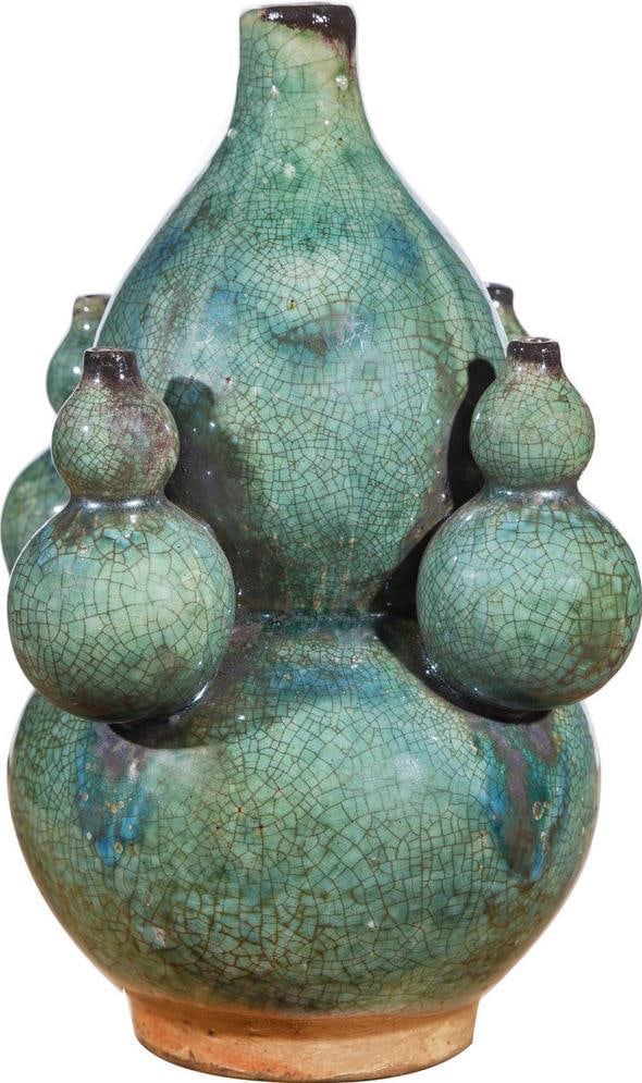 Handcrafted Speckled Green Ceramic Gourd Vase 10H x 7W x 7D: Handcrafted Speckled Green Ceramic Gourd Vase 10H x 7W x 7D Discover this unique handcrafted speckled green vase, a stunning addition to any decor. This gourd-shaped vase showcases a beautiful speckle