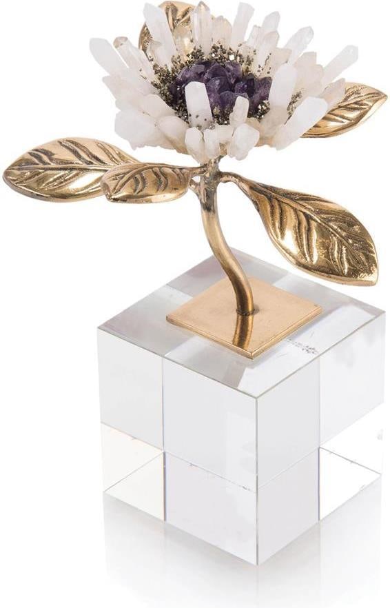 John-Richard Amethyst Quartz Bloom Sculpture on Brass Stem: John-Richard Amethyst Quartz Bloom Sculpture on Brass Stem This exquisite piece features a stunning quartz bloom with amethyst accents, elegantly mounted on a brass stem. The contemporary design showc
