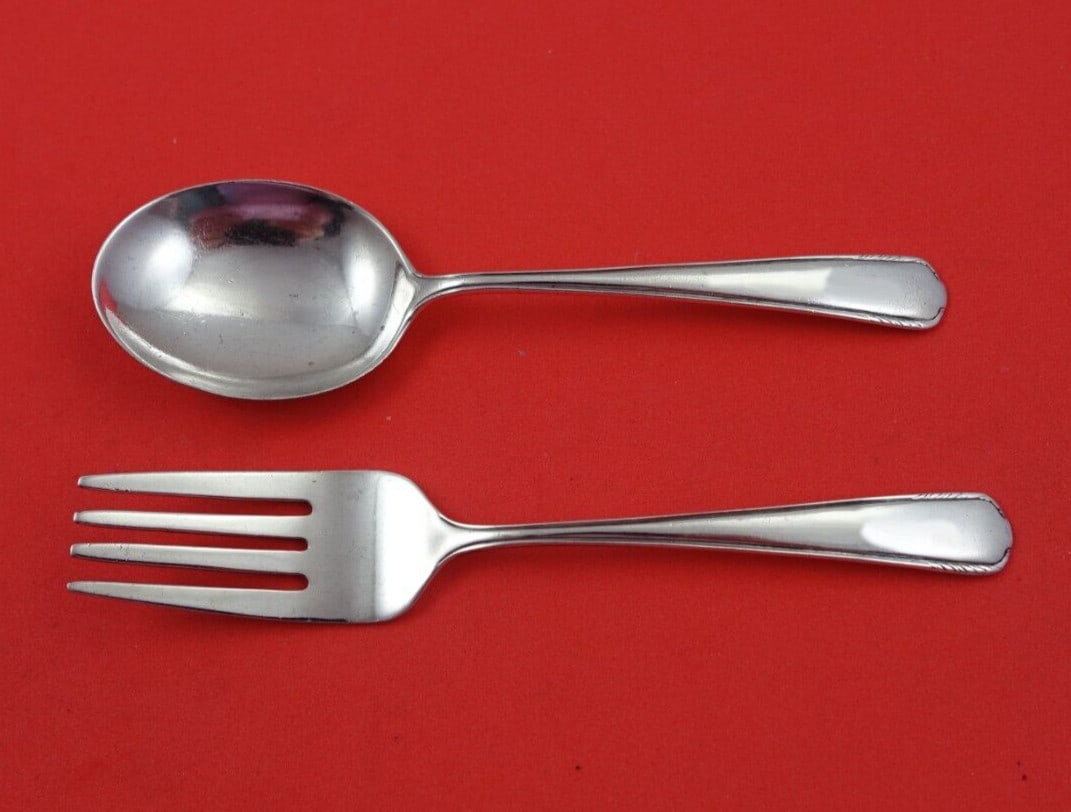 Manchester Sterling Silver Baby Set 2pc Silver Stream 4 3/4 inch: Manchester Sterling Silver Baby Set 2pc Silver Stream 4 3/4 inch This exquisite 2-piece sterling silver baby set features the elegant Silver Stream pattern by Manchester, crafted between 1900 and 1940
