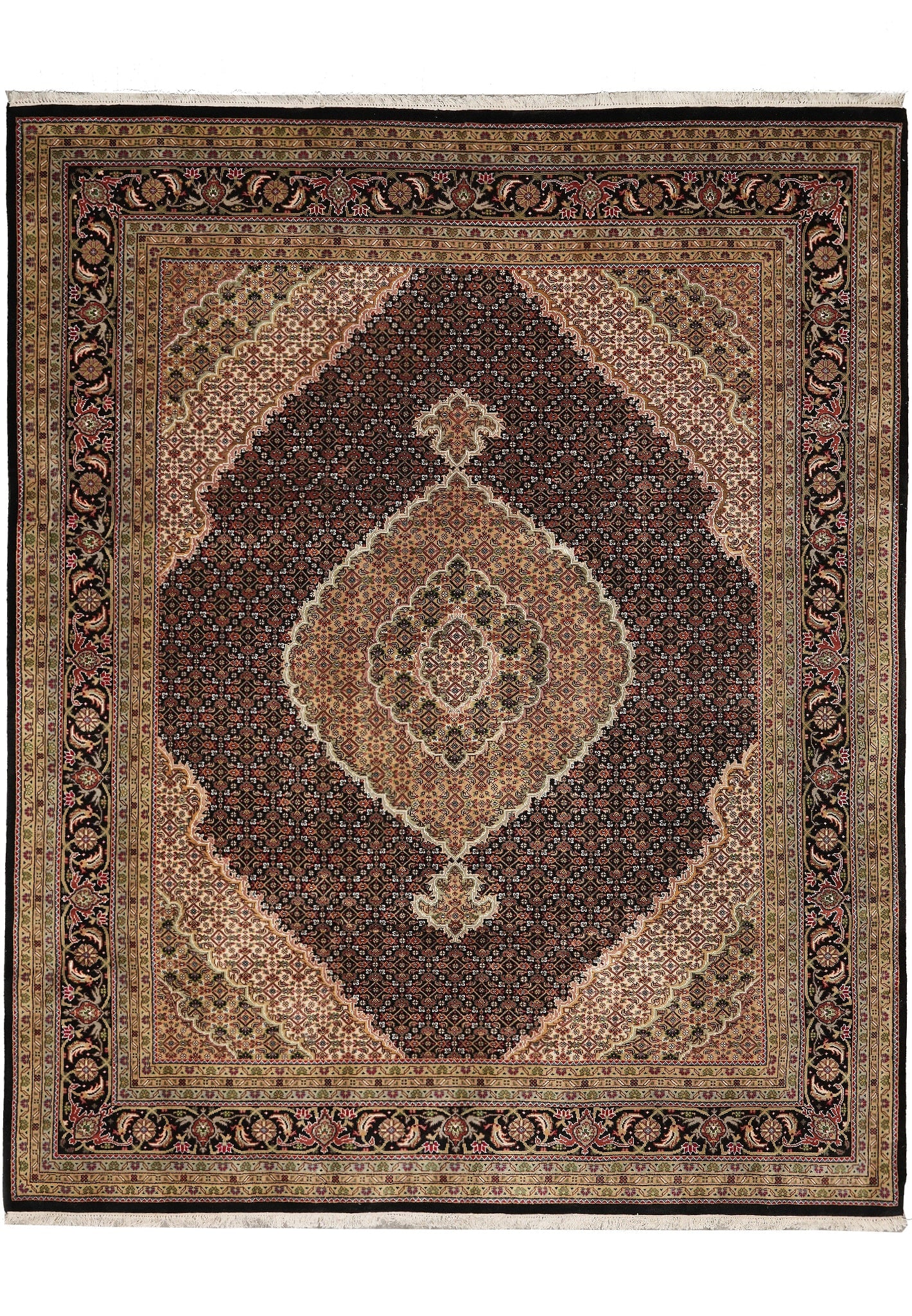 8.2 x 9.9 Handmade Wool Silk Mahi Tabriz Persian Rug: 8.2 x 9.9 Handmade Wool Silk Mahi Tabriz Persian Rug Free continental US Shipping This handmade Mahi Tabriz rug is crafted from a premium blend of wool and silk, featuring a dense, lustrous weave. Sho