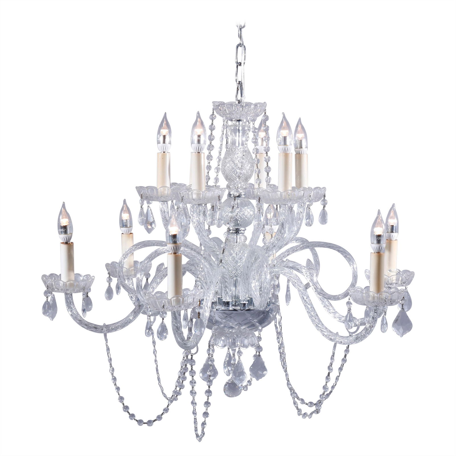 20th Century Italian Style 12-Light Chrome Crystal Chandelier: 20th Century Italian Style 12-Light Chrome Crystal Chandelier Illuminate your space with this stunning Italian Style Cut Crystal & Chrome Tiered Twelve-Light Chandelier from the 20th century. This exq