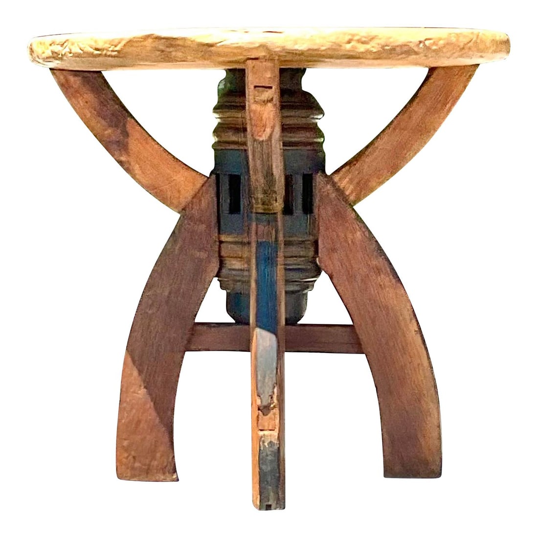 Vintage Industrial Demilune Console Table Chocolate Wood Late 20th Century: Vintage Industrial Demilune Console Table Chocolate Wood Late 20th Century Enhance your space with the Vintage Industrial Demilune Console Table, a perfect fusion of rugged charm and classic American