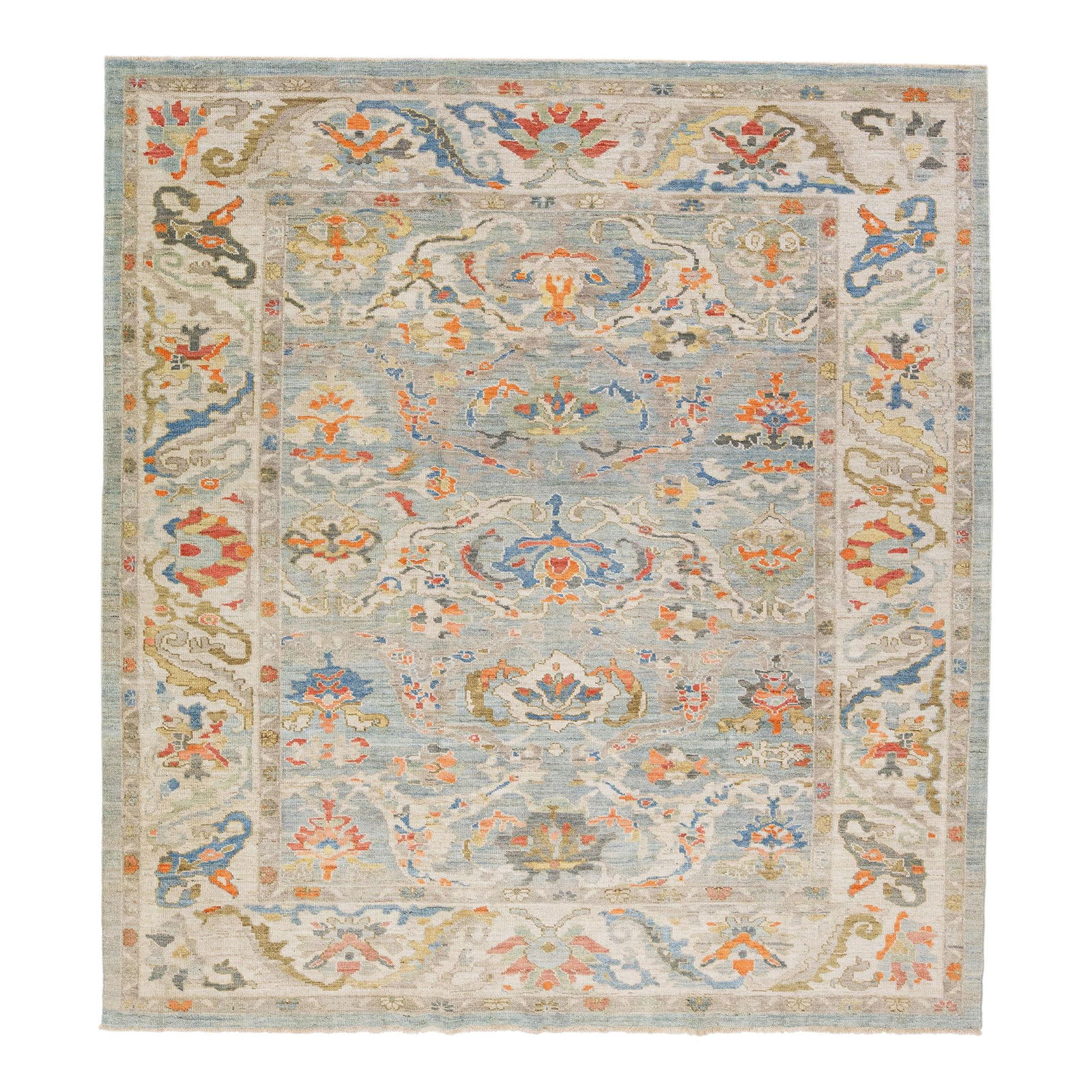 Handmade Modern Square Sultanabad Wool Rug Blue Floral Design 9'1 x 9'10: Handmade Modern Square Sultanabad Wool Rug Blue Floral Design 9'1 x 9'10 Enhance your living space with this exquisite modern Sultanabad rug, expertly hand-knotted from high-quality wool. The captivat