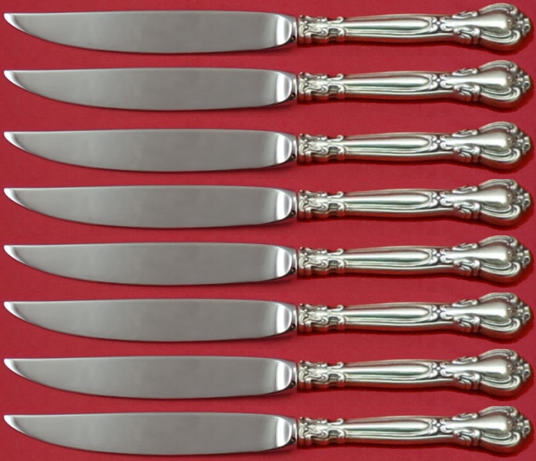 Gorham Chantilly Sterling Silver Steak Knife Set 8pc Not Serrated: Gorham Chantilly Sterling Silver Steak Knife Set 8pc Not Serrated Enhance your dining experience with this exquisite set of 8 steak knives from the Chantilly pattern by Gorham. Crafted with a sterling