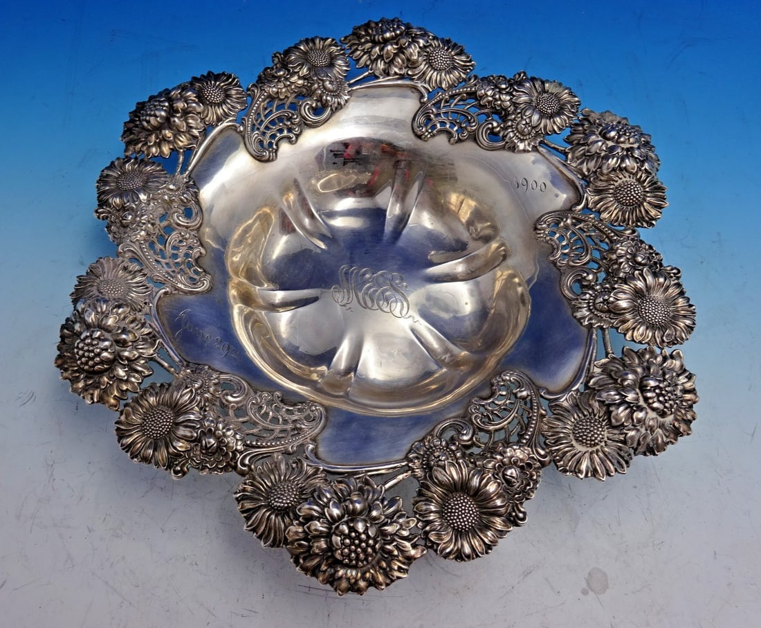 Sterling Silver Chrysanthemum Pattern Fruit Bowl 12 Inch by Dominick & Haff (1 of 11)