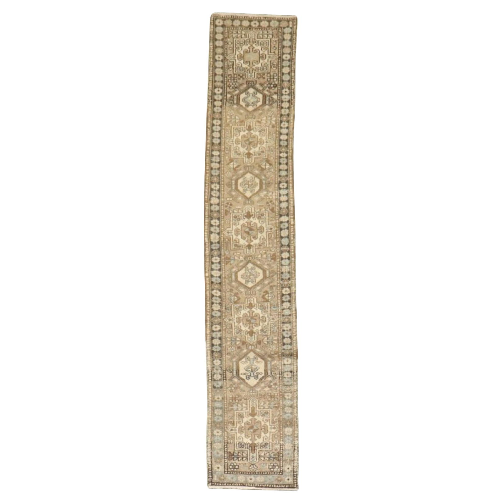 Zabihi Collection Vintage Heriz Persian Runner 23x123 Wool Rustic: Zabihi Collection Vintage Heriz Persian Runner 23x123 Wool Rustic Introducing the Zabihi Collection Narrow Vintage Heriz Persian Runner, a stunning addition to any rustic decor. This exquisite runner