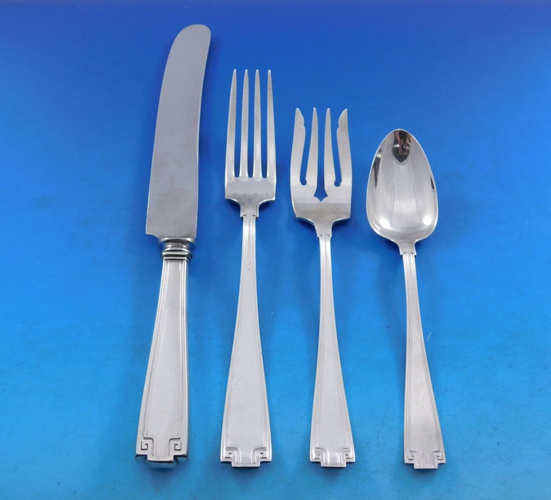 Gorham Etruscan Sterling Silver Flatware Set 24 Pieces for 6 with Caddy: Gorham Etruscan Sterling Silver Flatware Set 24 Pieces for 6 with Caddy Elevate your dining experience with the Etruscan Sterling Silver Flatware Set by Gorham. This exquisite 24-piece set, crafted in