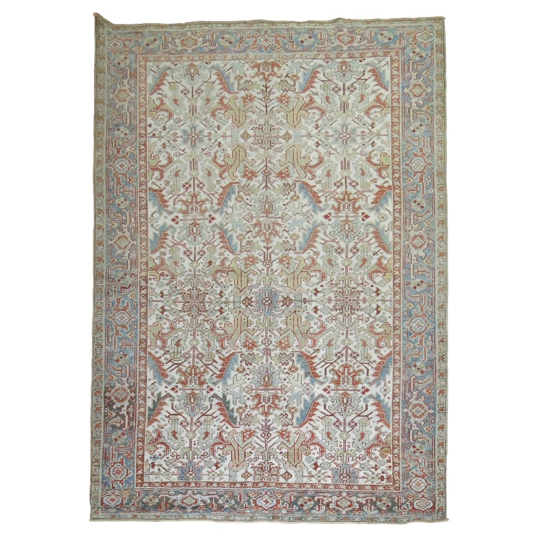 Zabihi Collection Antique Persian Heriz Rug Hand-Knotted Wool 7'9 x 10'9: Zabihi Collection Antique Persian Heriz Rug Hand-Knotted Wool 7'9 x 10'9 Experience the elegance of this antique Persian Heriz rug, showcasing a stunning all-over geometric design on a soft ivory back