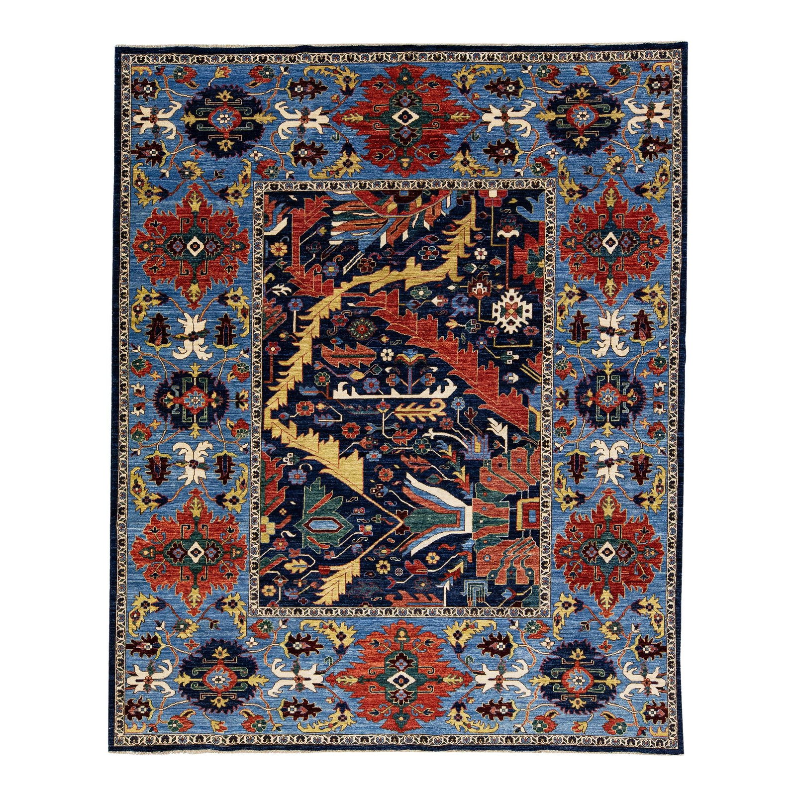 Antique Serapi Style Hand-Knotted Wool Rug 8'2" x 9'10" Multicolor Floral Design: Antique Serapi Style Hand-Knotted Wool Rug 8'2" x 9'10" Multicolor Floral Design Experience the elegance of this exquisite antique Serapi-style handmade wool rug. Featuring a rich navy blue color fiel