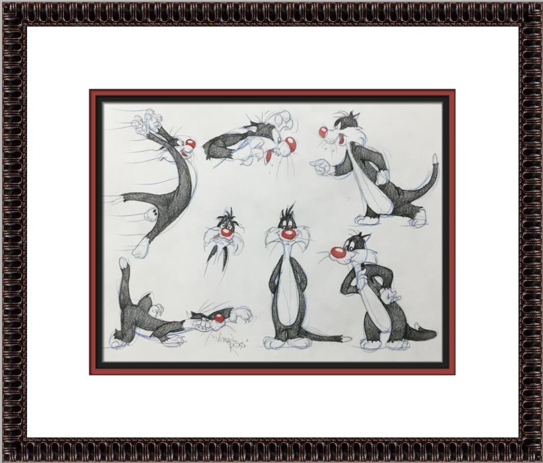 Virgil Ross Signed Sylvester The Cat Model Sheet Framed Art: Virgil Ross Signed Sylvester The Cat Model Sheet Framed Art This original model sheet drawing features Sylvester The Cat, illustrated by the legendary animator Virgil Ross. Created in the 1990s for Wa