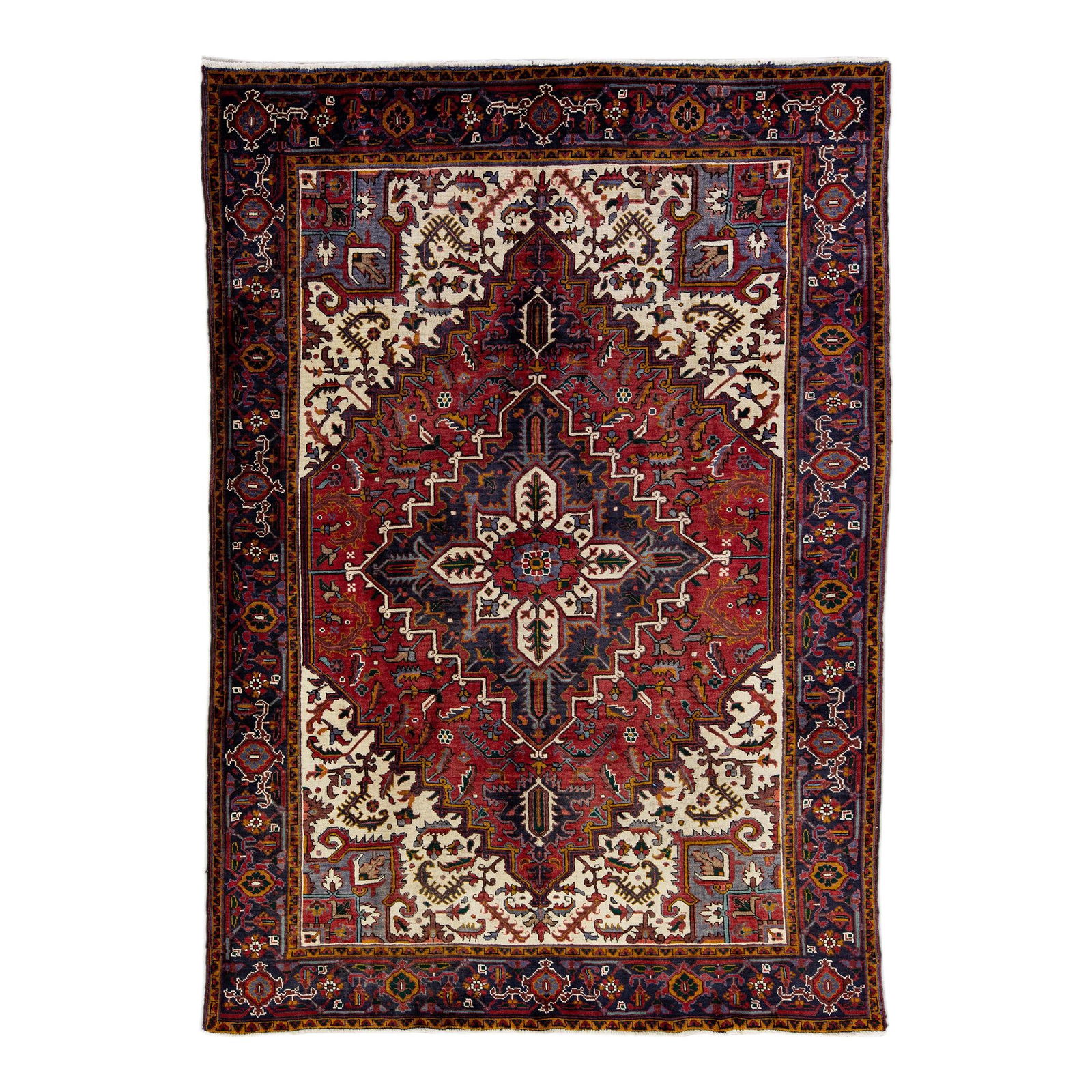 Vintage Handmade Heriz Red Medallion Wool Rug 6'6 x 9'4: Vintage Handmade Heriz Red Medallion Wool Rug 6'6 x 9'4 Enhance your living space with this beautiful Vintage Handmade Heriz Wool Rug. Featuring a striking red field adorned with a multicolor accent m