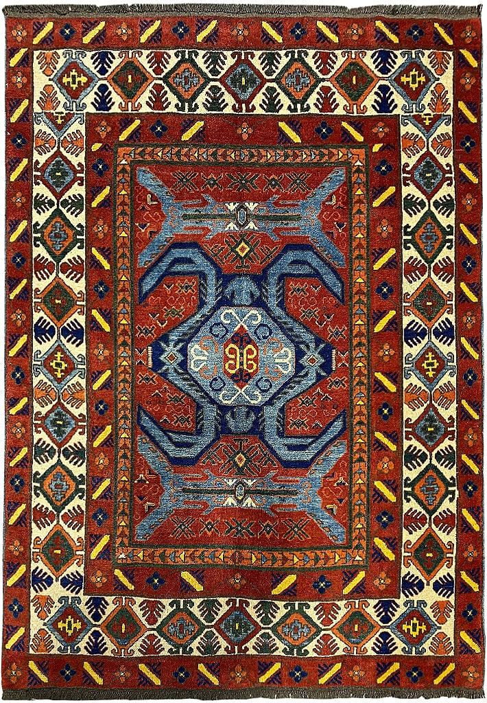 Handcrafted 5.2 x 6.5 Kazak Rug with Central Medallion Design: Handcrafted 5.2 x 6.5 Kazak Rug with Central Medallion Design Free continental US Shipping This exquisite 5.2 x 6.5 Center Medallion Russian Kazak Rug is a handcrafted masterpiece, showcasing traditio
