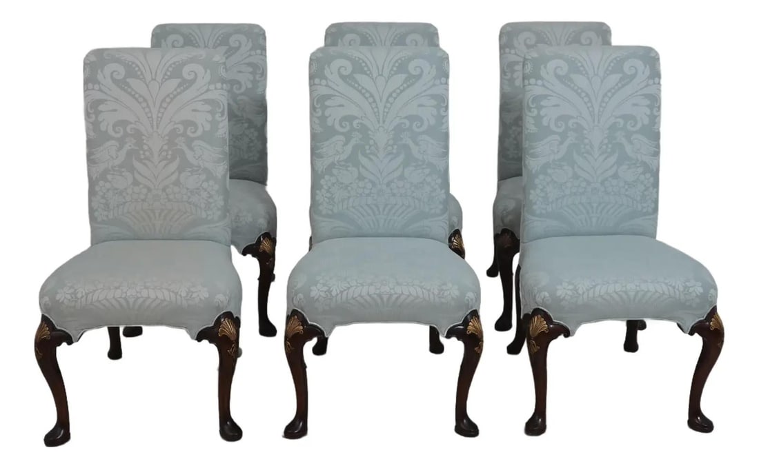 Mahogany Dining Chairs Set of 6 with Blue Green Damask Upholstery: Mahogany Dining Chairs Set of 6 with Blue Green Damask Upholstery This set includes six CW-67 Colonial Williamsburg dining room chairs crafted from mahogany, featuring finely carved details and high-q