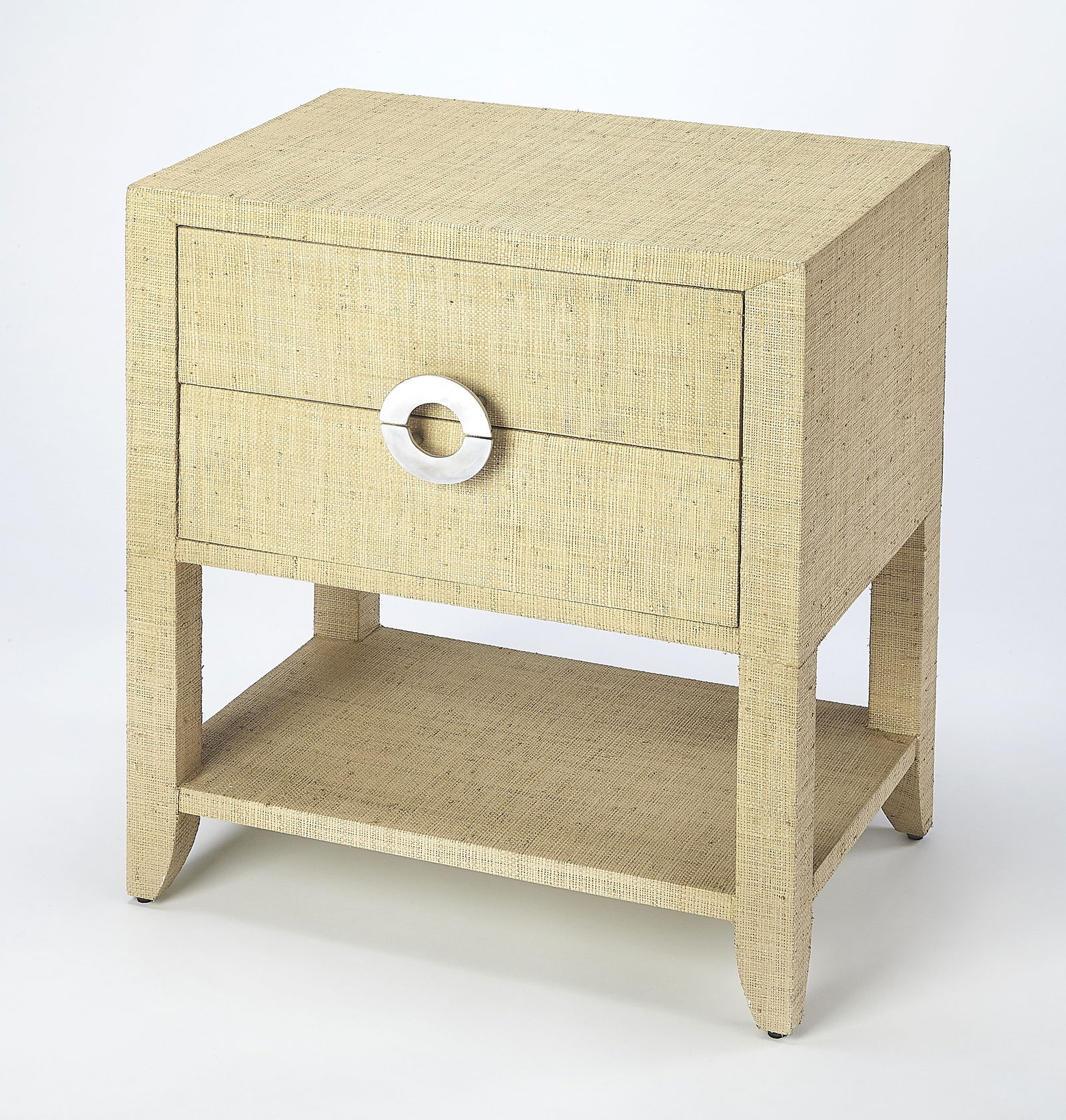 Coastal Style Nightstand by Butler Specialty Cream Yellow Finish: Coastal Style Nightstand by Butler Specialty Cream Yellow Finish Enhance your coastal decor with this stunning Coastal Raffia-Clad Nightstand by Butler Specialty. Crafted with a blend of aluminum, MDF