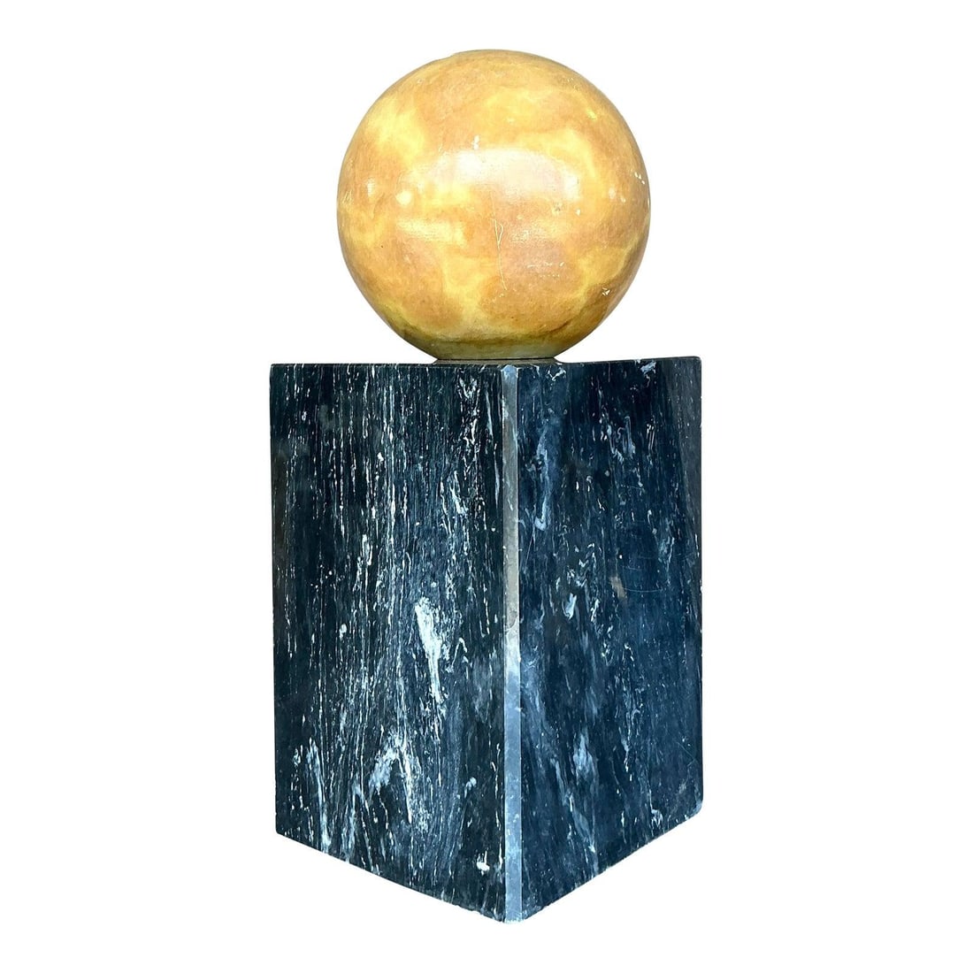 Vintage Geometric Onyx and Marble Sphere Sculpture 19.25 High: Vintage Geometric Onyx and Marble Sphere Sculpture 19.25 High Embrace the allure of Postmodern design with this stunning vintage geometric sculpture. This impressive piece showcases a striking contras