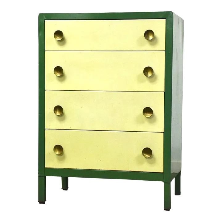 Norman Bel Geddes Steel Dresser Yellow Green 4 Drawers 31x19x44: Norman Bel Geddes Steel Dresser Yellow Green 4 Drawers 31x19x44 This striking metal dresser, designed by renowned industrial designer Norman Bel Geddes, features four spacious drawers in a vibrant gre