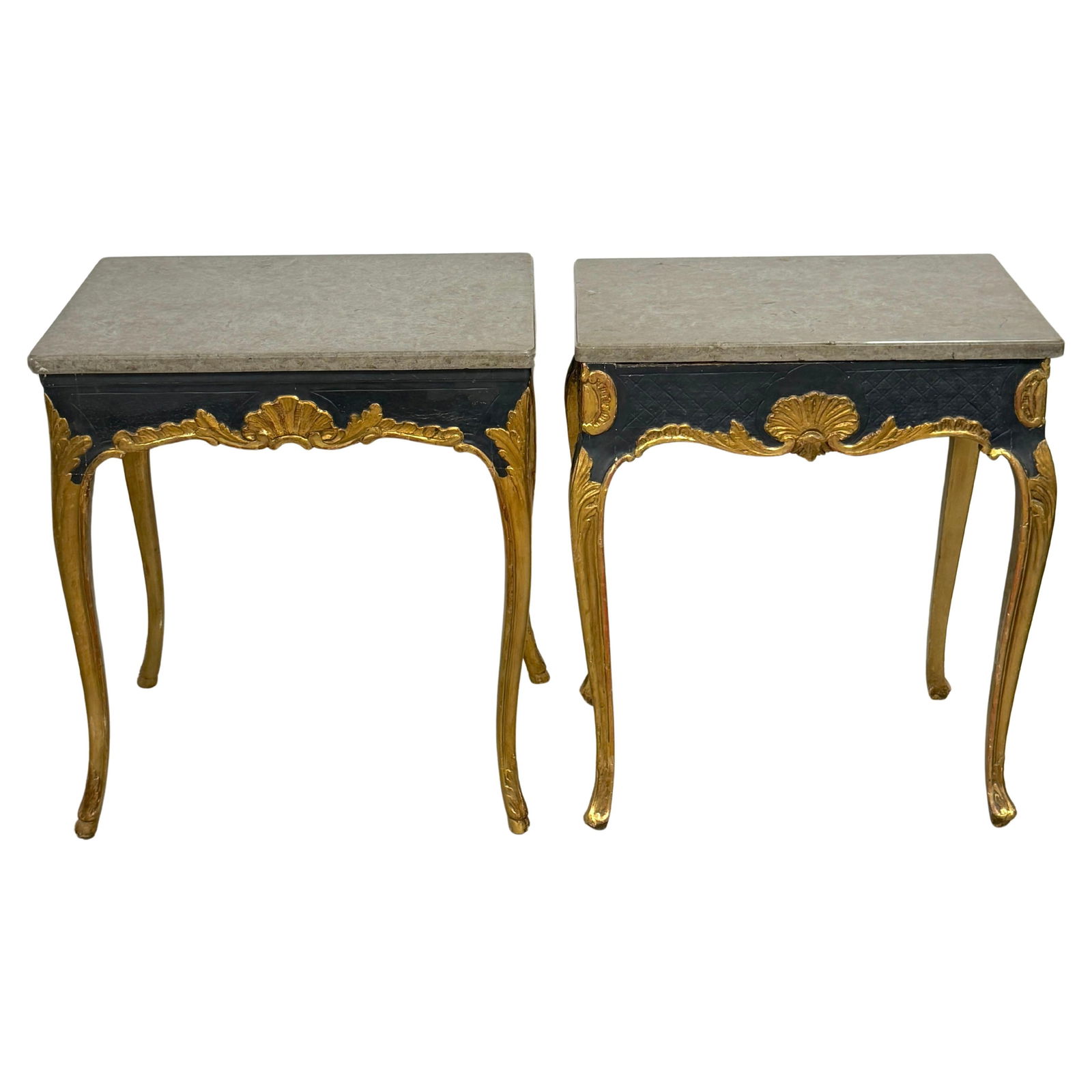 Set of 2 18th Century Italian Neoclassical Gilt Polychromed Marble Tables: Set of 2 18th Century Italian Neoclassical Gilt Polychromed Marble Tables This exquisite near pair of 18th century Italian Neoclassical tables showcases the elegance and craftsmanship of the late 18th