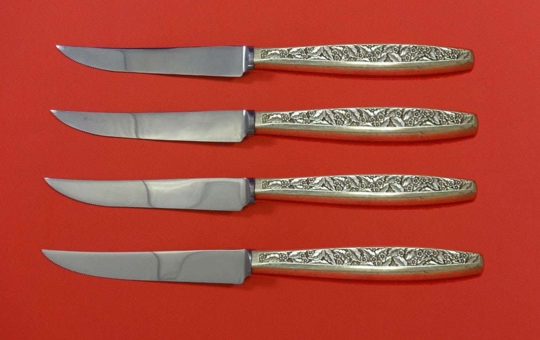 Valencia Sterling Silver Steak Knife Set 4pc International Silver Custom Made: Valencia Sterling Silver Steak Knife Set 4pc International Silver Custom Made Enhance your dining experience with this exquisite 4-piece steak knife set from the Valencia pattern by International Silv