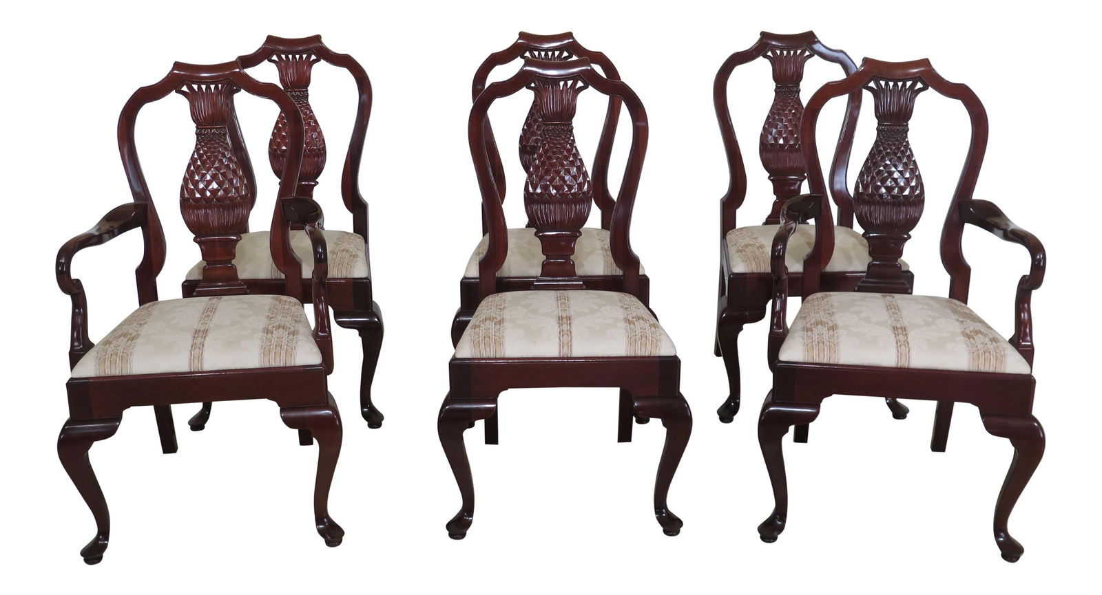 Set of 6 Vintage Kindel Pineapple Back Mahogany Dining Chairs: Set of 6 Vintage Kindel Pineapple Back Mahogany Dining Chairs This exquisite set of 6 dining room chairs features a vintage design from the 1990s, showcasing a stunning pineapple back style. Crafted f