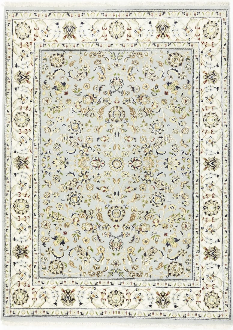 Wool and Silk Indo-Nain Floral Medallion Area Rug 5'0 x 6'10 Hand-Knotted: Wool and Silk Indo-Nain Floral Medallion Area Rug 5'0 x 6'10 Hand-Knotted This hand-knotted Indo-Nain area rug features a classic floral medallion pattern with traditional styling. Crafted from a blen