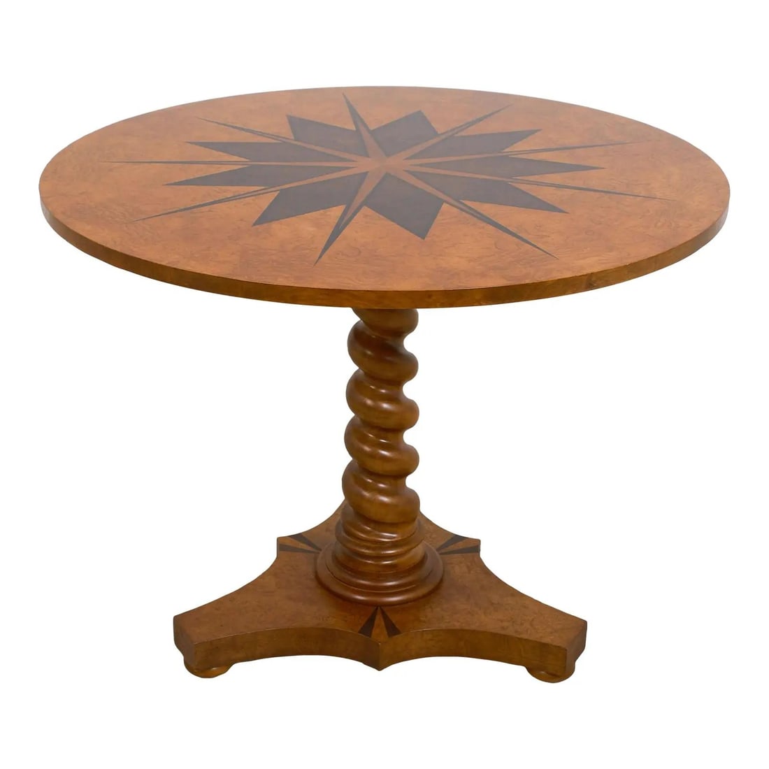 Baker Regency Round Inlaid Pedestal Center Table 36": Baker Regency Round Inlaid Pedestal Center Table 36" This exquisite Baker Round Compass Inlaid Top Pedestal Center Table features a stunning Regency design, showcasing quality construction with an ele