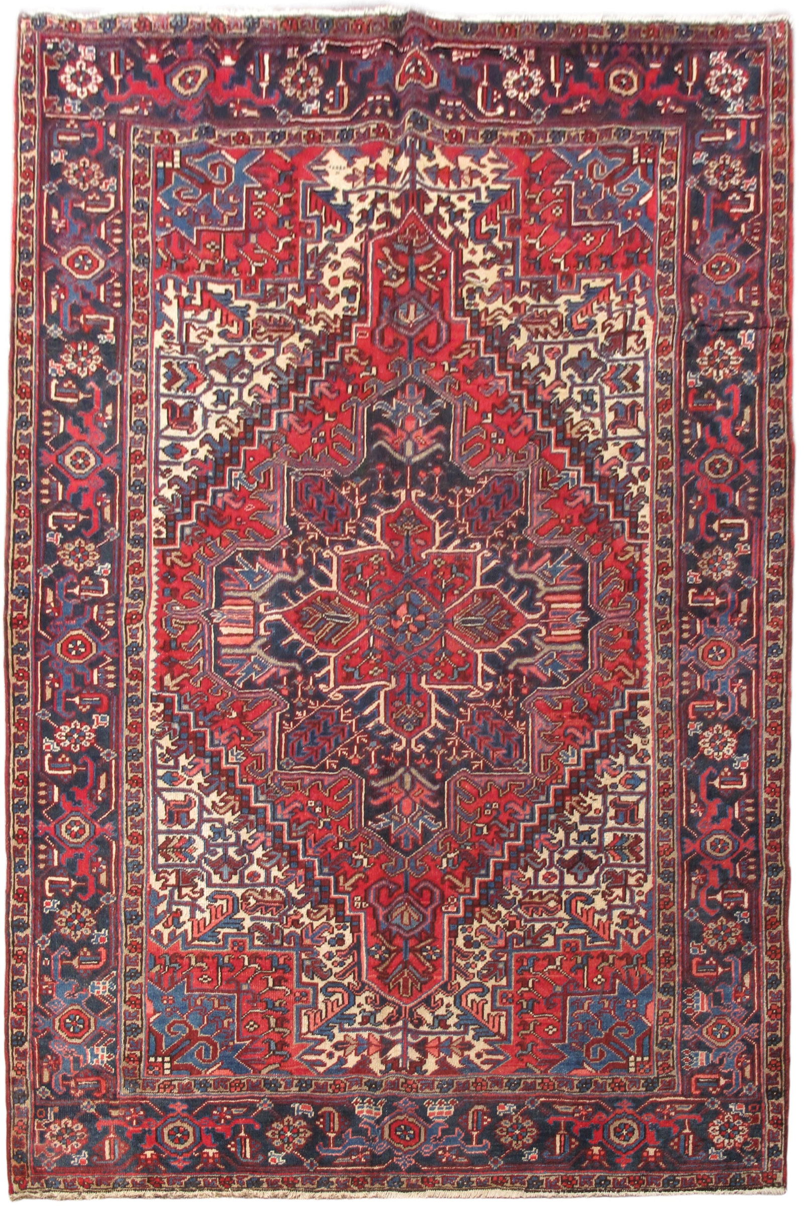 6.8 x 9 Handwoven Red Persian Heriz Area Rug from Iran: 6.8 x 9 Handwoven Red Persian Heriz Area Rug from Iran Free continental US Shipping Transform your living space with the striking elegance of this 6.8 x 9 Red Persian Heriz Rug. Handcrafted by skilled
