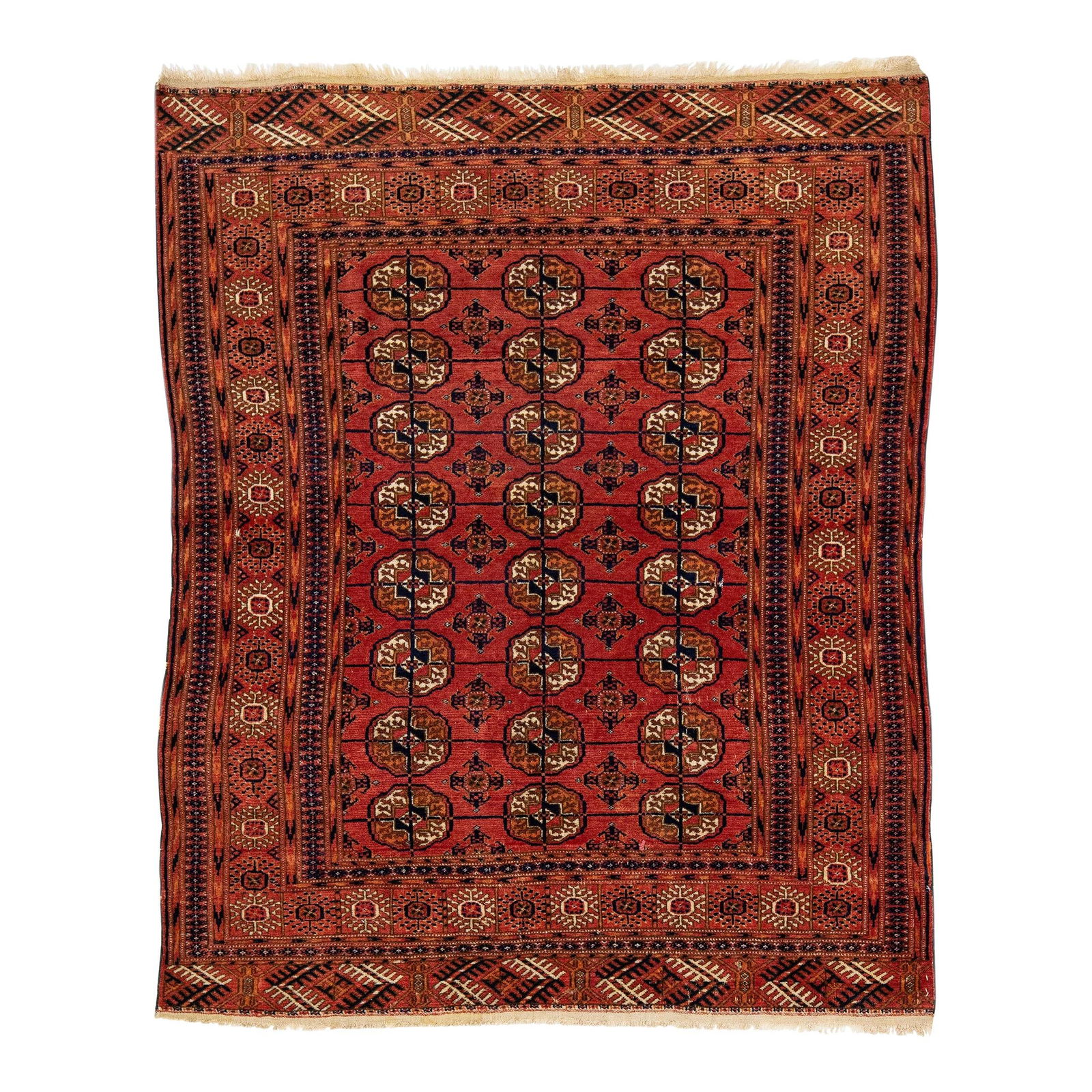 1960s Vintage Persian Turkman Handmade Wool Rug All-Over Medallion: 1960s Vintage Persian Turkman Handmade Wool Rug All-Over Medallion This exquisite vintage Persian Turkman rug features a hand-knotted wool construction with a rich brown field, complemented by a beige