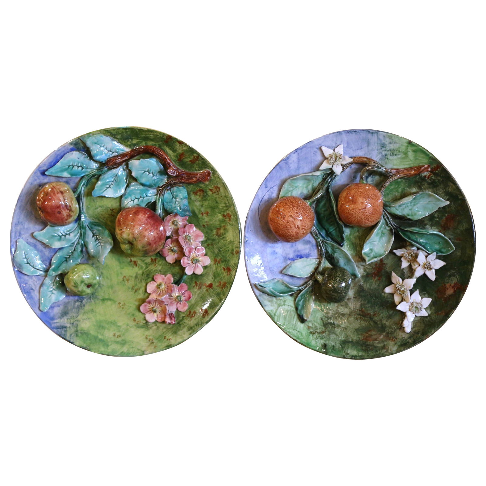 Set of 2 Antique 19th Century Longchamp Hand-Painted Wall Plates: Set of 2 Antique 19th Century Longchamp Hand-Painted Wall Plates Enhance your home decor with this exquisite pair of 19th Century French hand-painted Barbotine wall plates, crafted by Longchamp circa