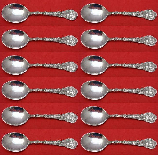 Gorham Versailles Sterling Silver Cream Soup Spoon Set of 12: Gorham Versailles Sterling Silver Cream Soup Spoon Set of 12 This exquisite set of cream soup spoons features the elegant Versailles pattern by Gorham, crafted from high-quality sterling silver. Each