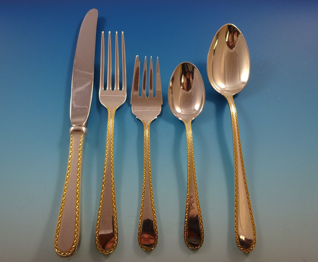 Kirk Golden Winslow Sterling Silver Flatware Set for 8 - 48 Pieces: Kirk Golden Winslow Sterling Silver Flatware Set for 8 - 48 Pieces Introducing the Golden Winslow flatware set by Kirk, a timeless addition to your dining collection. Crafted from high-quality sterlin