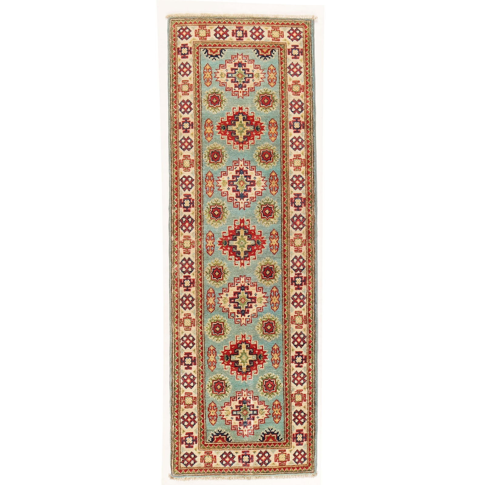 2' x 6' Handmade Tea Green Kazak Wool Runner Rug: 2' x 6' Handmade Tea Green Kazak Wool Runner Rug Free continental US Shipping Indulge in the exquisite charm of this 2' x 6' Handmade Tea Green Runner Kazak Rug. Crafted with precision by Afghan artis