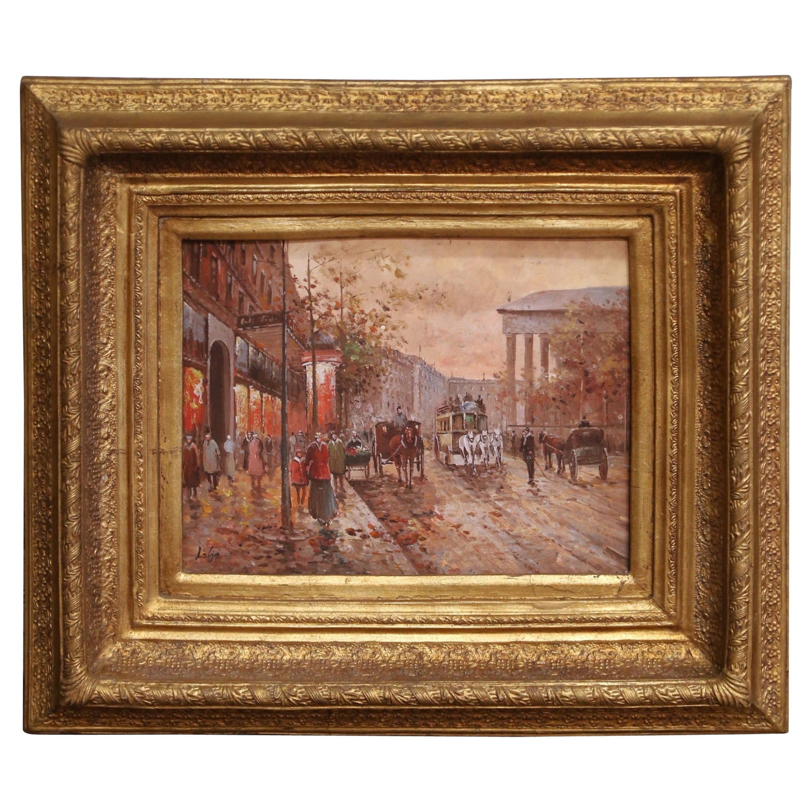 19th Century Paris Street Scene Oil Painting by L. Leje in Giltwood Frame: 19th Century Paris Street Scene Oil Painting by L. Leje in Giltwood Frame This stunning late 19th century oil on panel captures the vibrant essence of a Paris street scene at dusk, reminiscent of the
