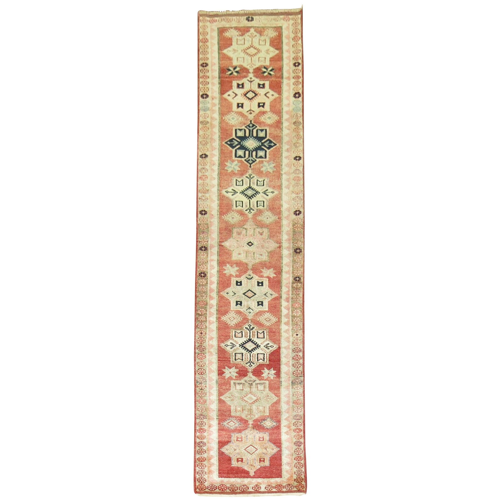 Zabihi Collection 1940s Turkish Wool Runner Soft Red 34 x 158 in: Zabihi Collection 1940s Turkish Wool Runner Soft Red 34 x 158 in This exquisite mid-20th century Turkish Anatolian runner features a traditional multi medallion and border design, embodying the rich c
