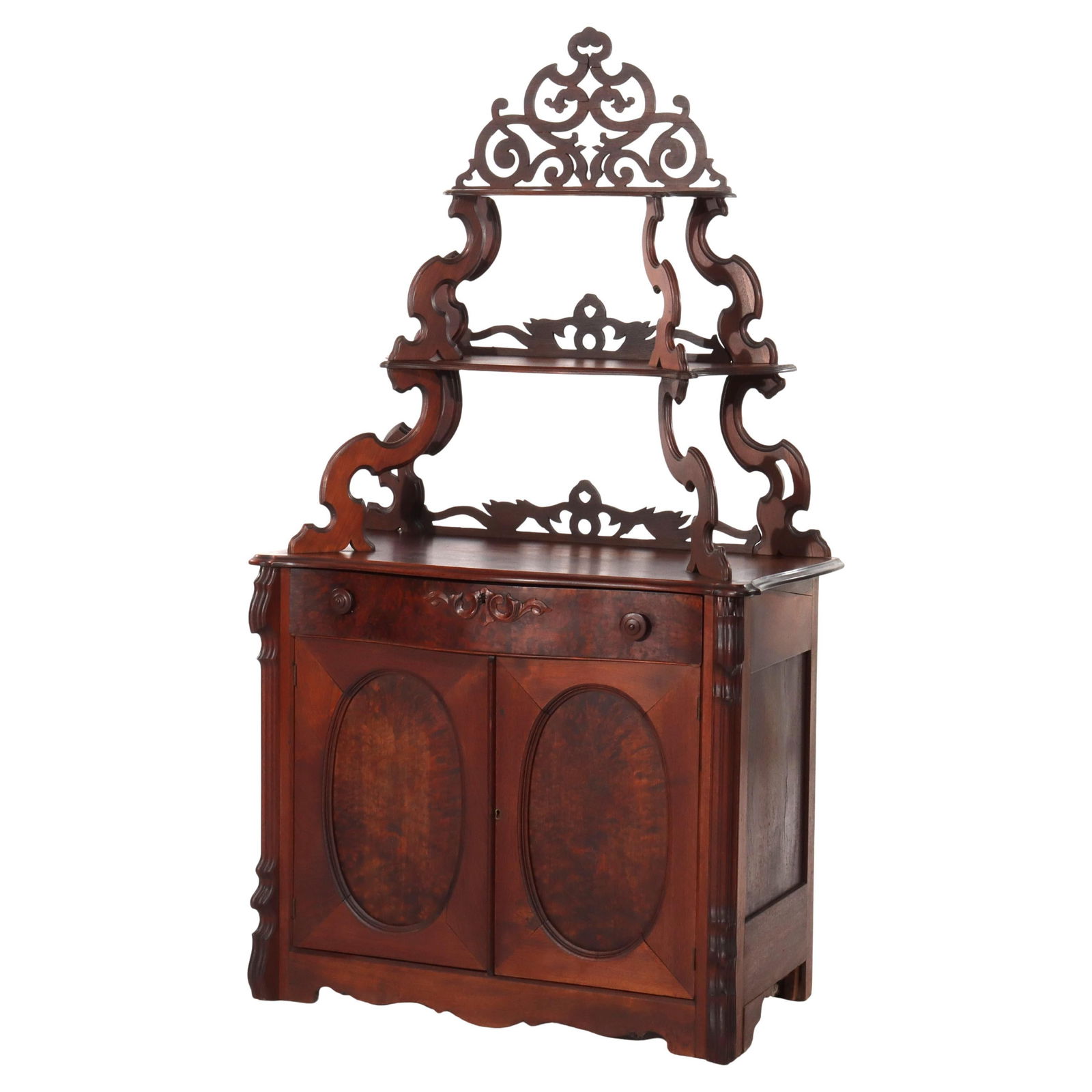 Victorian Walnut Burl Etagere Server 73in C1880 Antique Revival: Victorian Walnut Burl Etagere Server 73in C1880 Antique Revival This Antique Victorian Walnut & Burl Etagere Server, dating to circa 1880, showcases exceptional Victorian craftsmanship. Standing at a