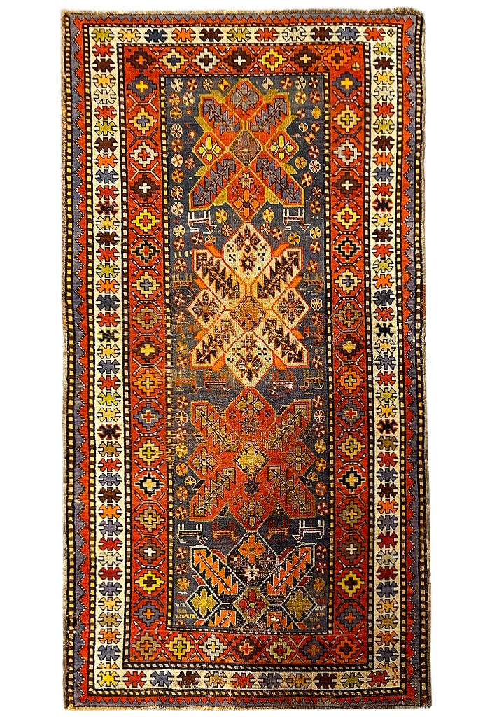 Antique Kazak Runner Rug 3.7 x 7.8 Light Blue Rust Handmade Wool: Antique Kazak Runner Rug 3.7 x 7.8 Light Blue Rust Handmade Wool Free continental US Shipping Transform your space with this exquisite antique Kazak runner rug, featuring a captivating light blue back