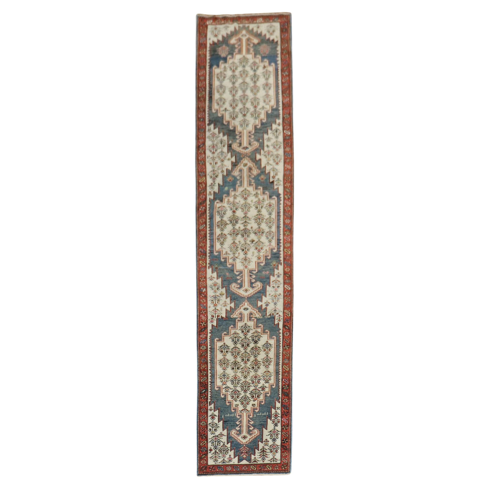 Zabihi Collection 1920s Hand-Woven Persian Runner Wool Tudor Style: Zabihi Collection 1920s Hand-Woven Persian Runner Wool Tudor Style This exquisite Narrow Antique Tribal Persian Runner features a distinctive Tudor style, showcasing the rich cultural heritage of Iran