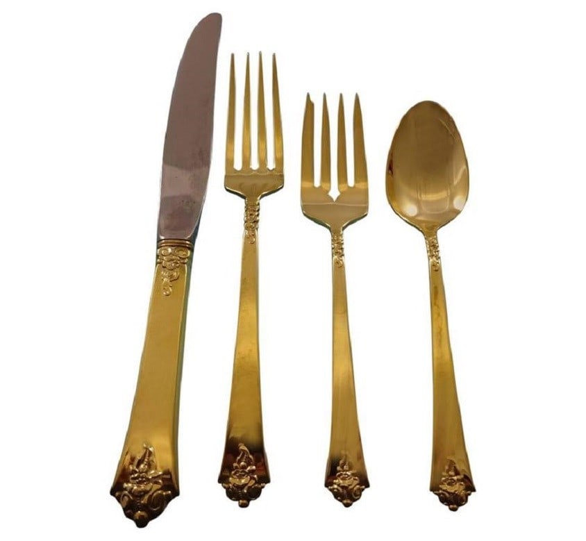 Royal Crest Castle Rose 48-Piece Sterling Silver Flatware Set Vermeil Gold: Royal Crest Castle Rose 48-Piece Sterling Silver Flatware Set Vermeil Gold Enhance your dining experience with the exquisite Castle Rose flatware set by Royal Crest. This stunning 48-piece collection