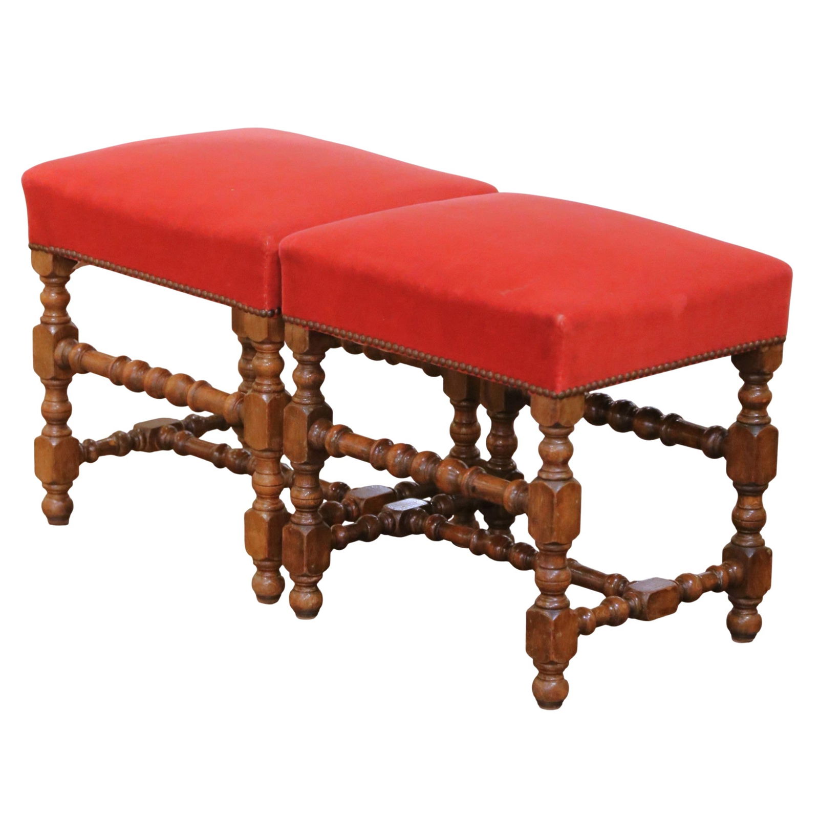 Set of 2 Antique Walnut Louis XIII French Velvet Stools Circa 1890: Set of 2 Antique Walnut Louis XIII French Velvet Stools Circa 1890 This pair of late 19th century French stools is crafted in the Louis XIII style. Made from solid walnut with a rich patina, each stoo