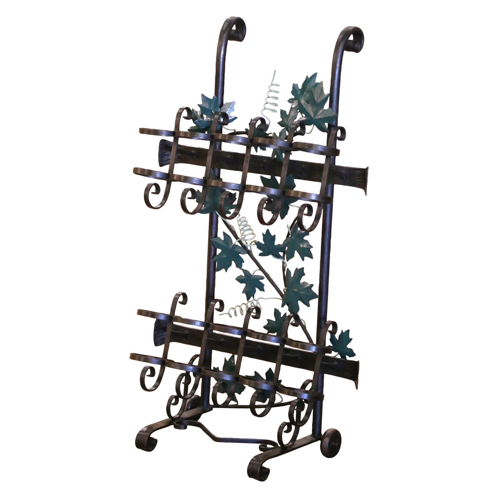 French Iron Ten-Bottle Wine Cart on Wheels with Patinated Finish: French Iron Ten-Bottle Wine Cart on Wheels with Patinated Finish This exquisite French iron wine cart, handcrafted in the Rhone region circa 2000, is both functional and decorative. Featuring a rich p