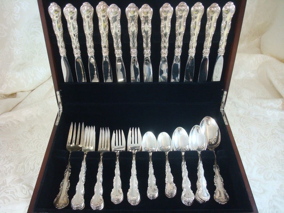 Gorham Strasbourg Sterling Silver Flatware Set 62 Pieces with Storage Chest: Gorham Strasbourg Sterling Silver Flatware Set 62 Pieces with Storage Chest Enhance your dining experience with the exquisite Strasbourg flatware set by Gorham, crafted from high-quality sterling silv