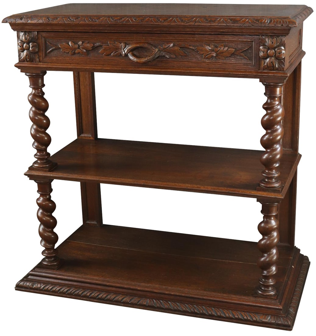 Circa 1890 Antique French Oak Server with White Marble Finish: Circa 1890 Antique French Oak Server with White Marble Finish This exquisite Circa 1890 Antique French Oak Server showcases the charm of French Country style. Crafted from oak with a stunning white ma