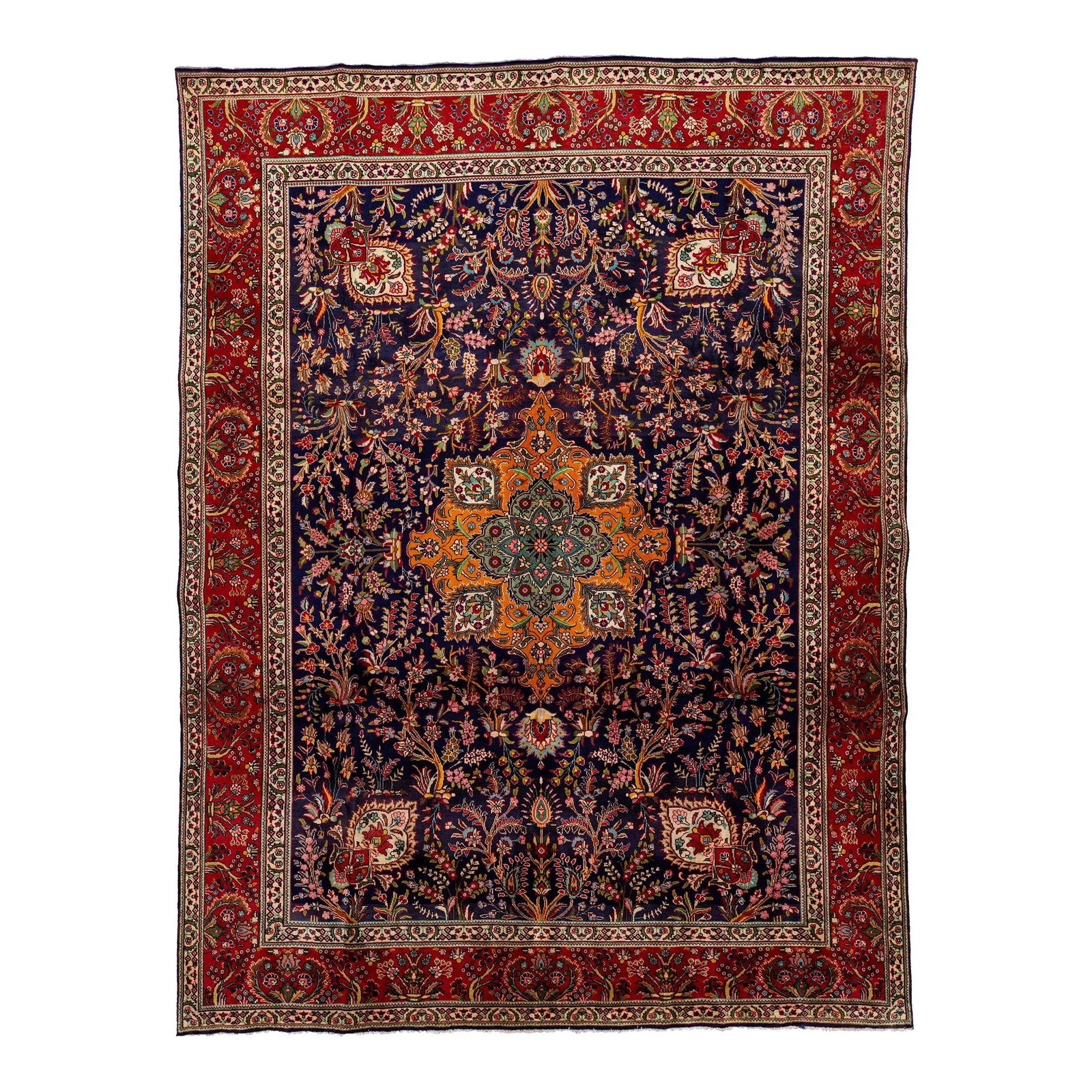 1960s Vintage Persian Tabriz Wool Rug Navy Blue with Rosette Motif 9'10 x 13'1: 1960s Vintage Persian Tabriz Wool Rug Navy Blue with Rosette Motif 9'10 x 13'1 This exquisite hand-knotted Persian Tabriz rug features a striking navy blue field adorned with an elegant rosette motif