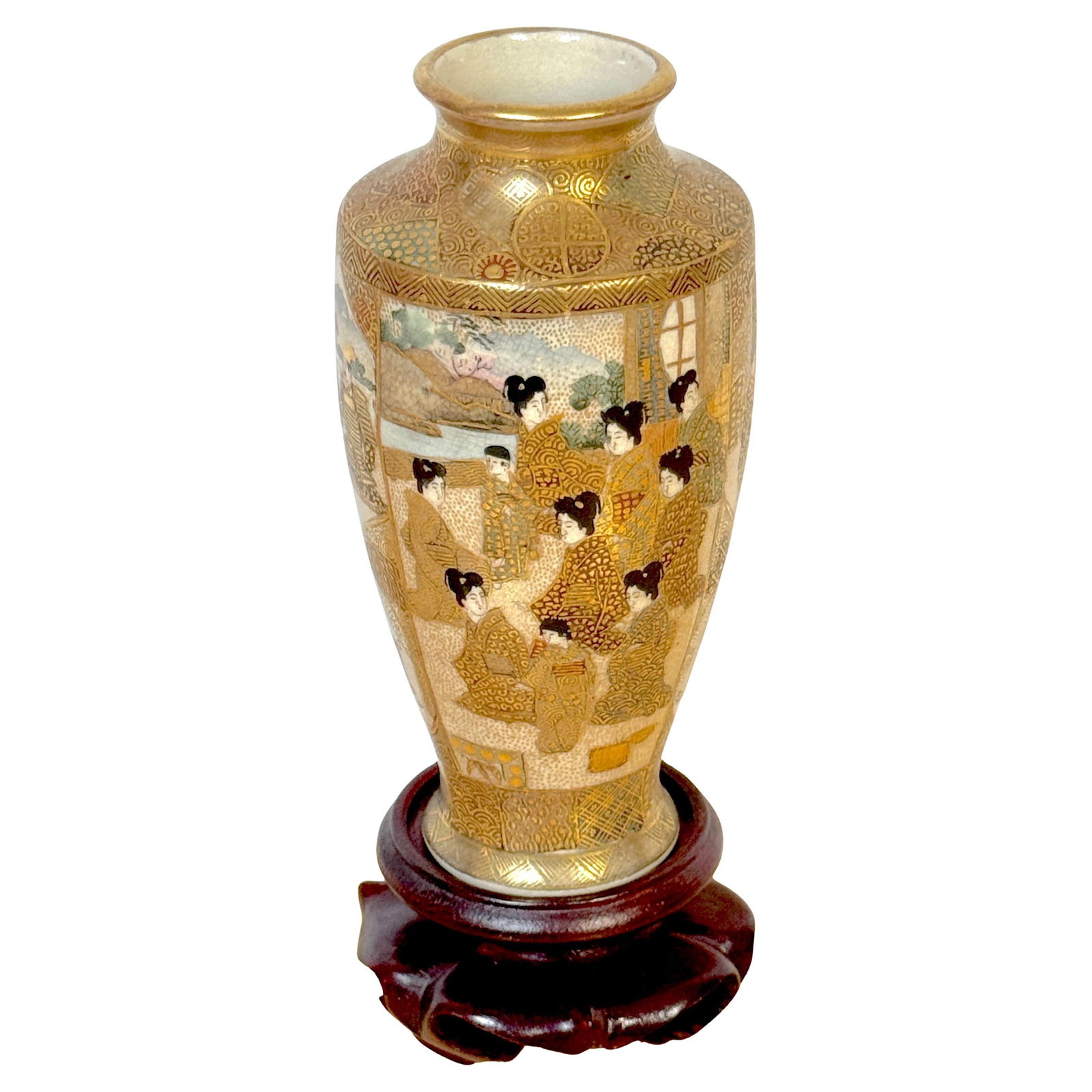 Meiji Satsuma Gilt Enameled Immortal Geisha Vase Stand by Kozan Zo (1 of 16)