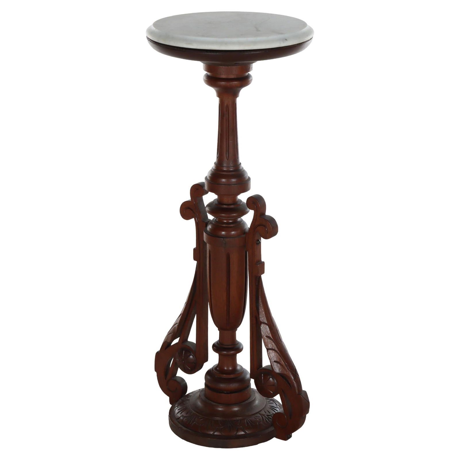 Renaissance Revival Walnut Plant Stand with Marble Top circa 1890: Renaissance Revival Walnut Plant Stand with Marble Top circa 1890 This antique Renaissance Revival plant stand from circa 1890 features carved walnut construction with intricate incised decoration and